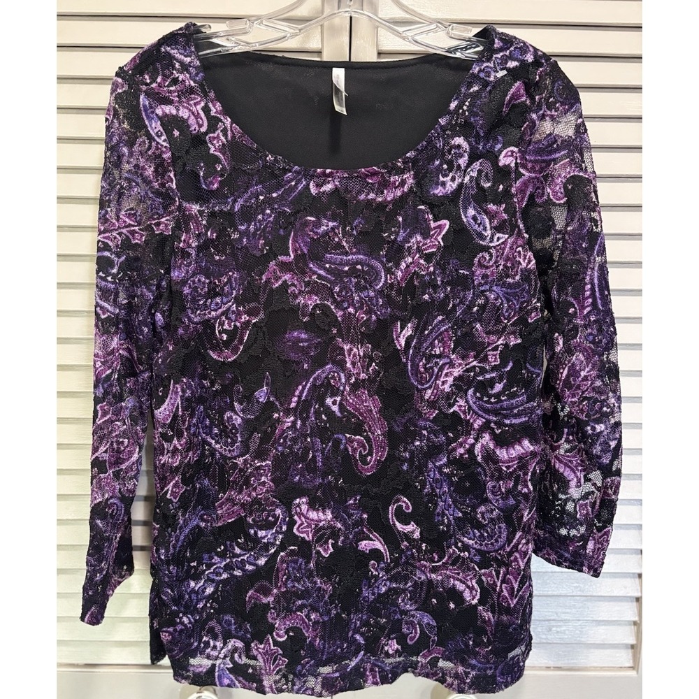 White‎ Stag Purple/Black Lace 3/4 Sleeve Blouse Size L Lined Round Neck Boho